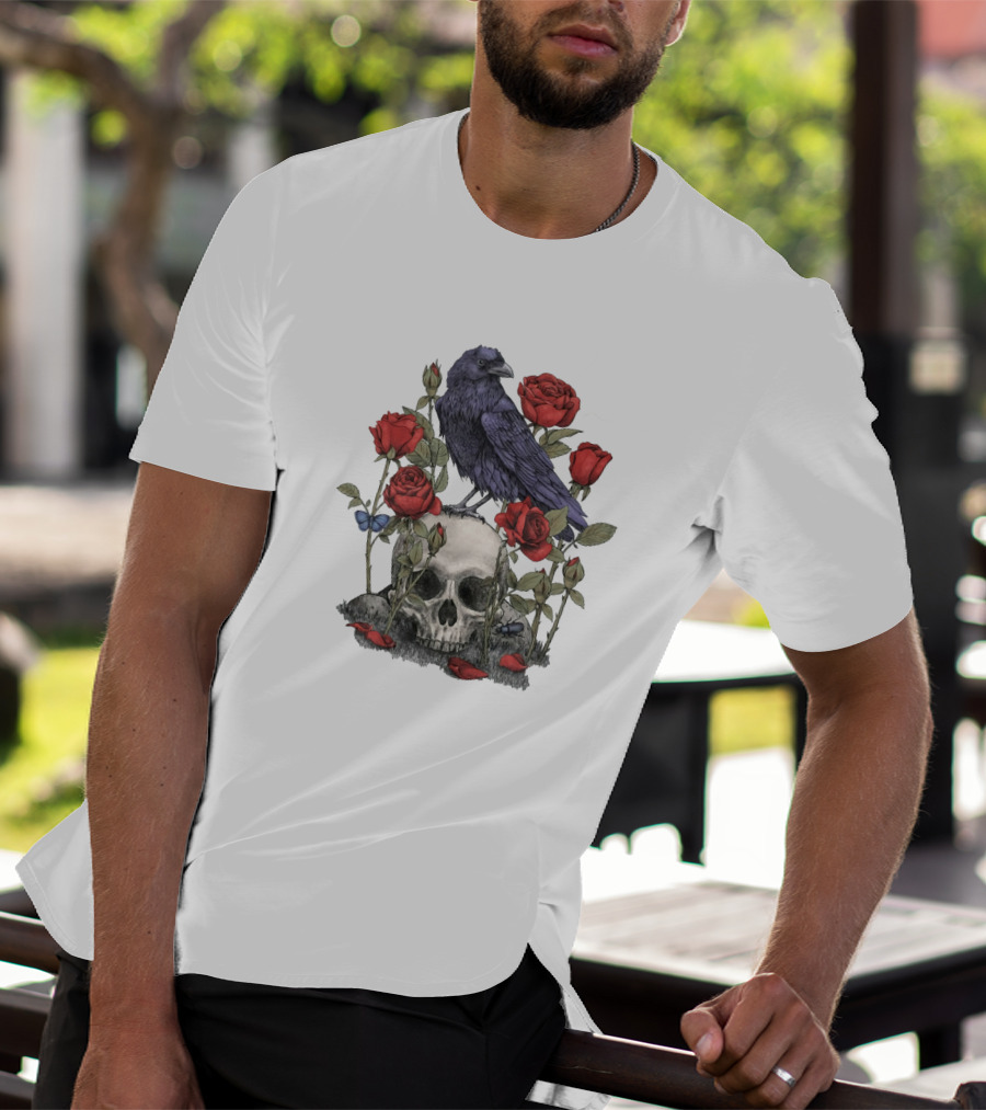 Memento Mori Skull With Raven And Roses T-Shirt