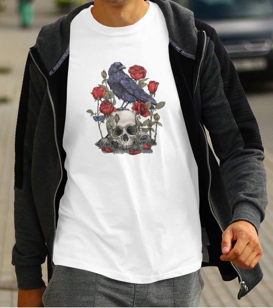 Memento Mori Skull With Raven And Roses T-Shirt