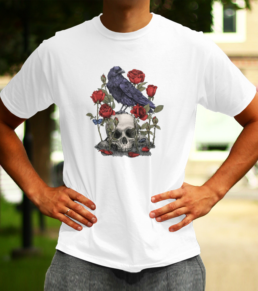 Memento Mori Skull With Raven And Roses T-Shirt