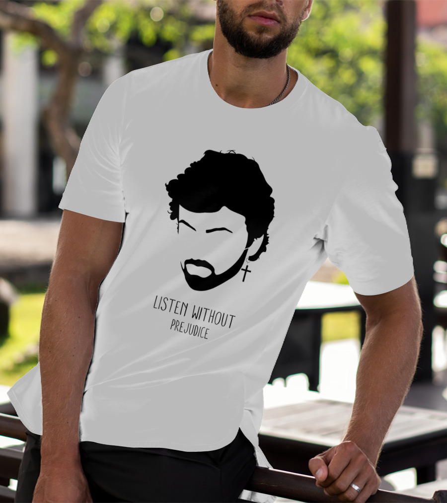 Listen Without Prejudice Graphic With Cross Earring T-Shirt