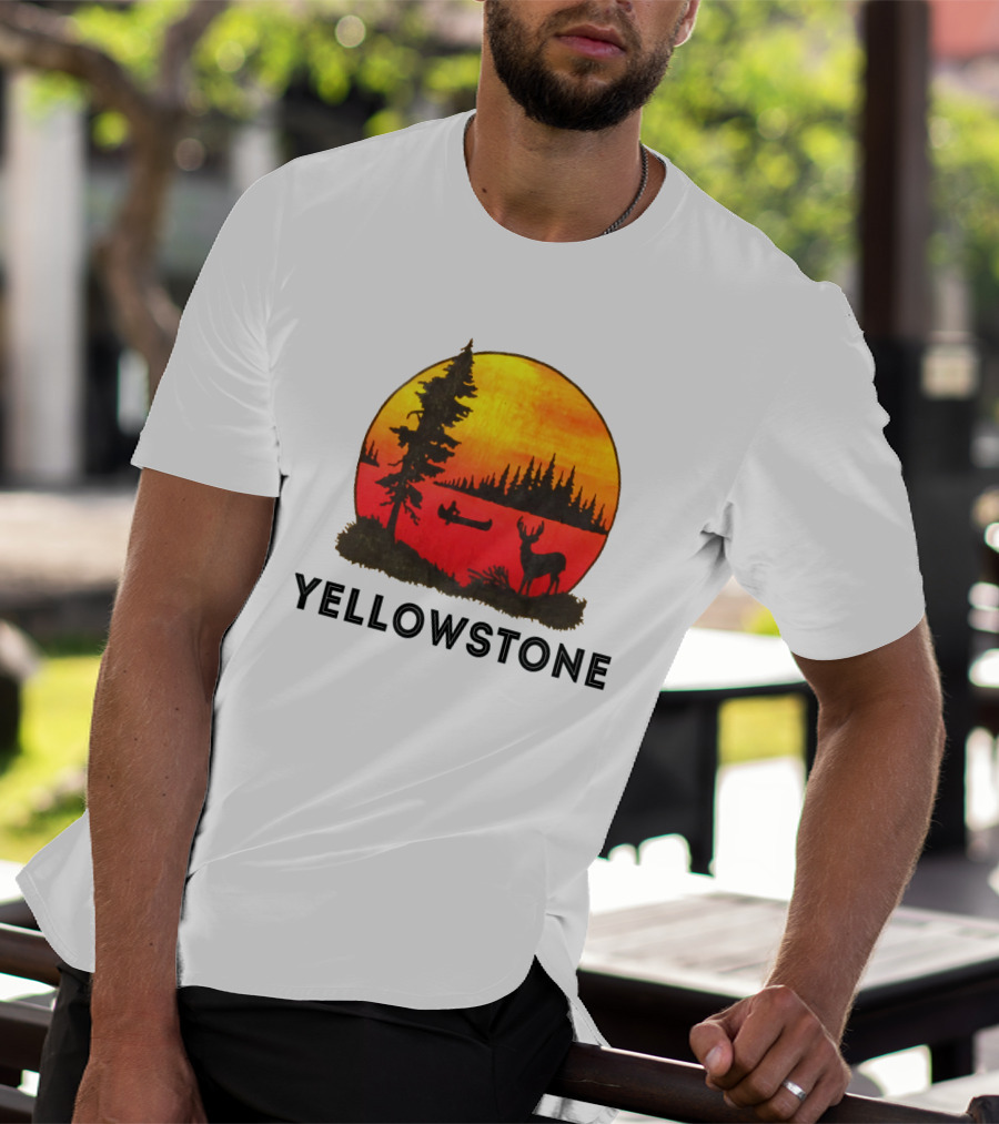 Yellowstone Sunset Scene With Canoe And Deer T-Shirt
