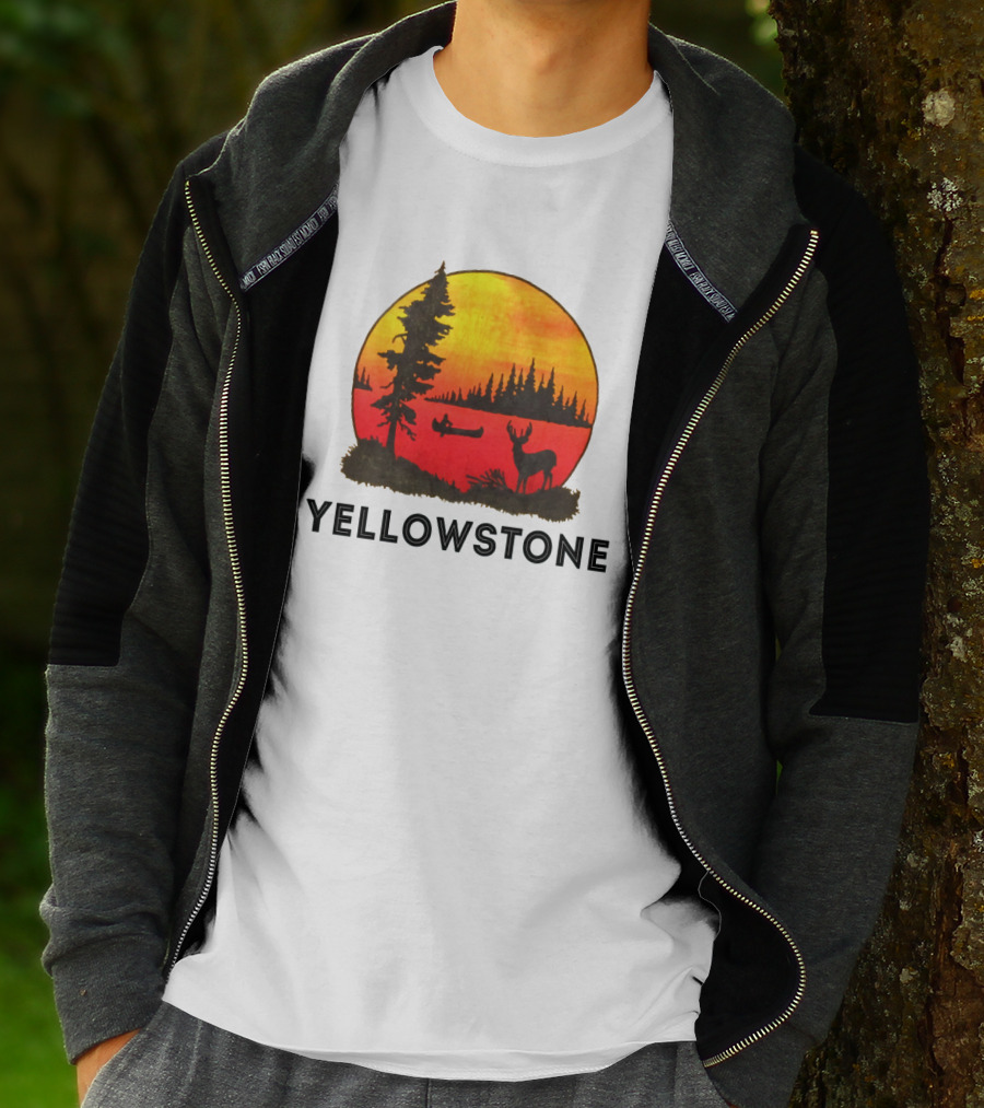 Yellowstone Sunset Scene With Canoe And Deer T-Shirt