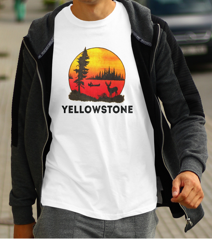 Yellowstone Sunset Scene With Canoe And Deer T-Shirt