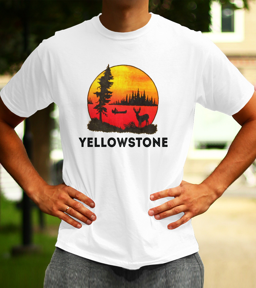 Yellowstone Sunset Scene With Canoe And Deer T-Shirt
