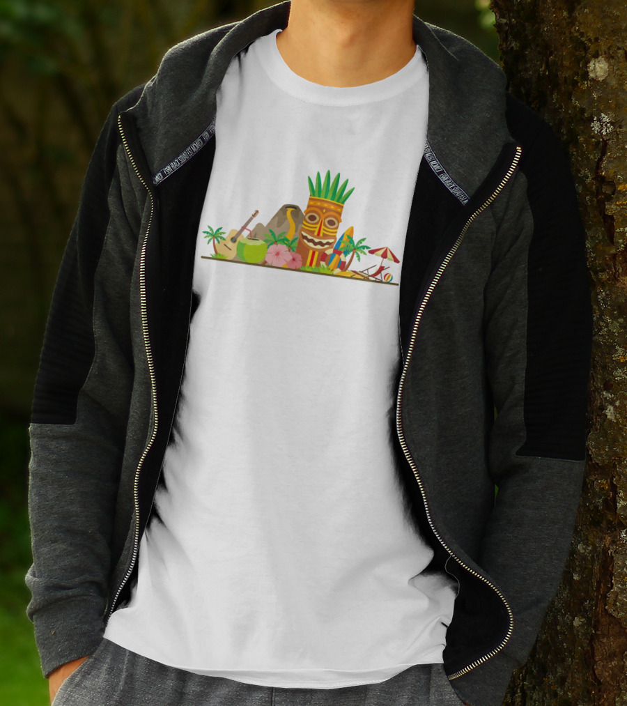 Hawaiian Tiki Mask Surfboards And Ukulele Tropics T-Shirt