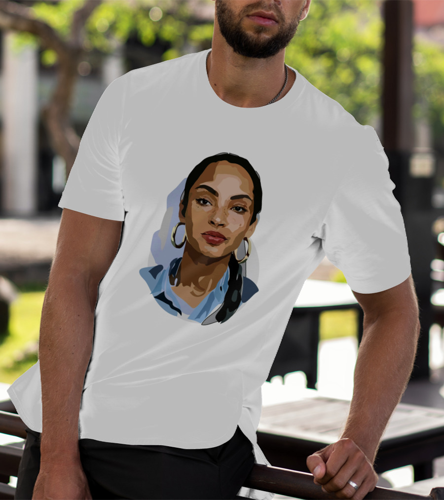 Sade Adu Portrait With Blue Shirt And Hoop Earrings T-Shirt