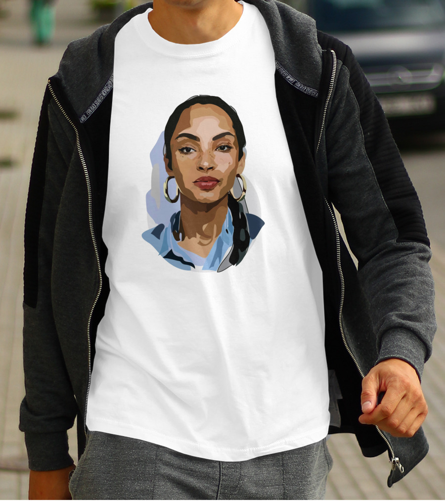 Sade Adu Portrait With Blue Shirt And Hoop Earrings T-Shirt