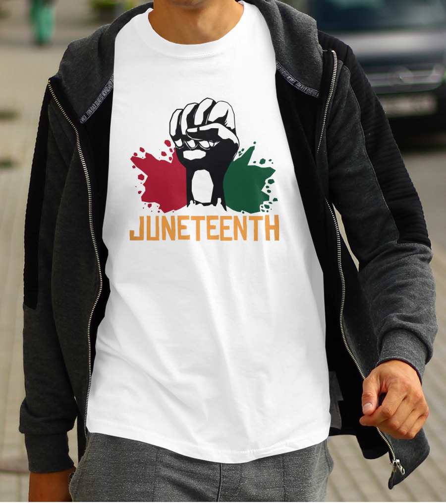 JUNETEENTH Raised Fist With Red Black Green Paint Splashes T-Shirt