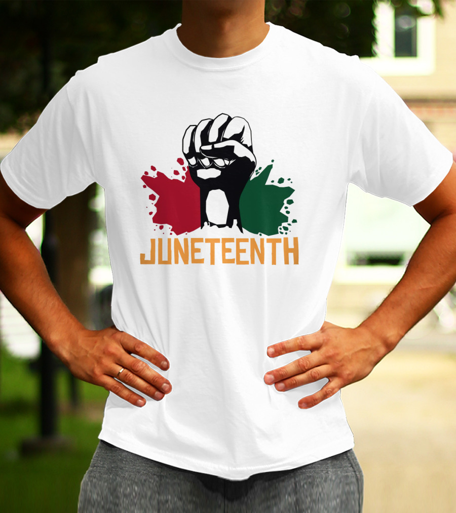 JUNETEENTH Raised Fist With Red Black Green Paint Splashes T-Shirt