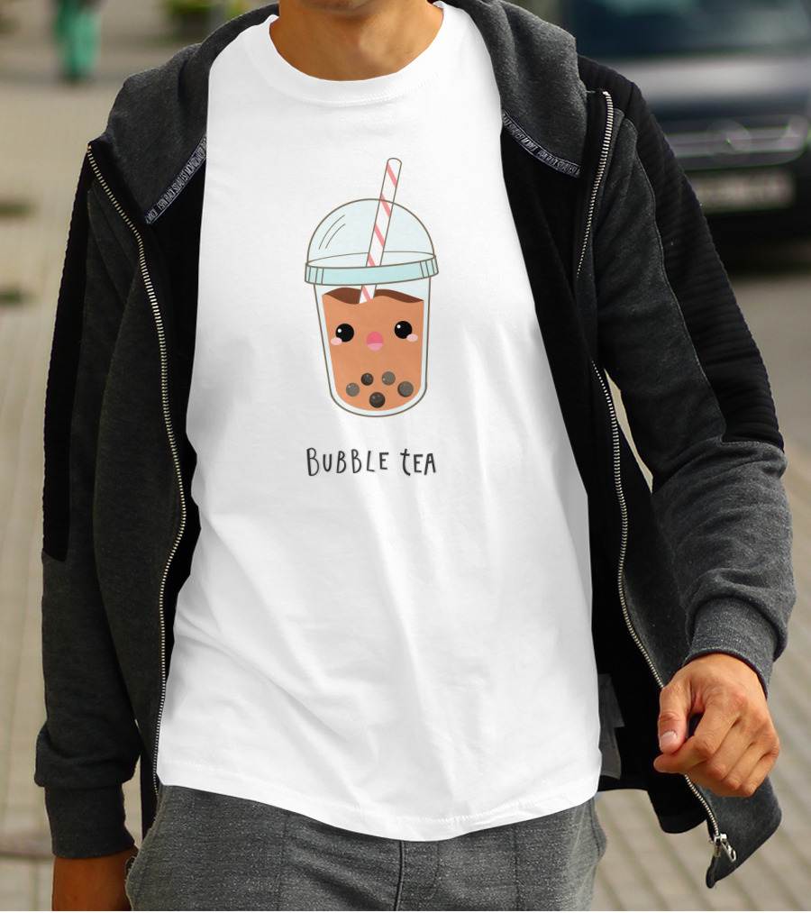 Bubble Tea Cute Kawaii Face With Straw And Pearls T-Shirt