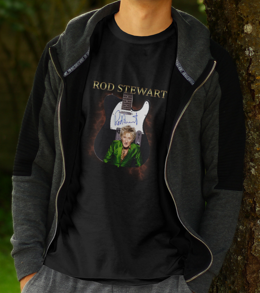 Rod Stewart Signature Guitar Image With Autograph T-Shirt