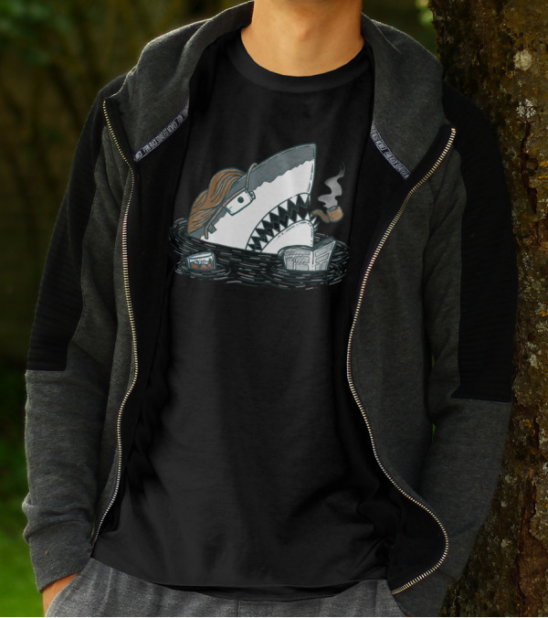 Dad Shark Wearing Sunglasses And Smoking Pipe With Newspaper In Water T-Shirt
