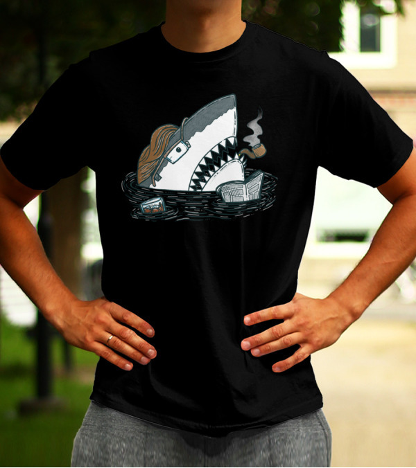 Dad Shark Wearing Sunglasses And Smoking Pipe With Newspaper In Water T-Shirt