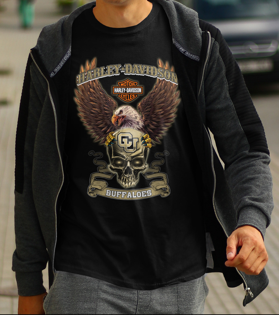 Harley Davidson Motor Cycles Cu Buffaloes Eagle Skull T-Shirt