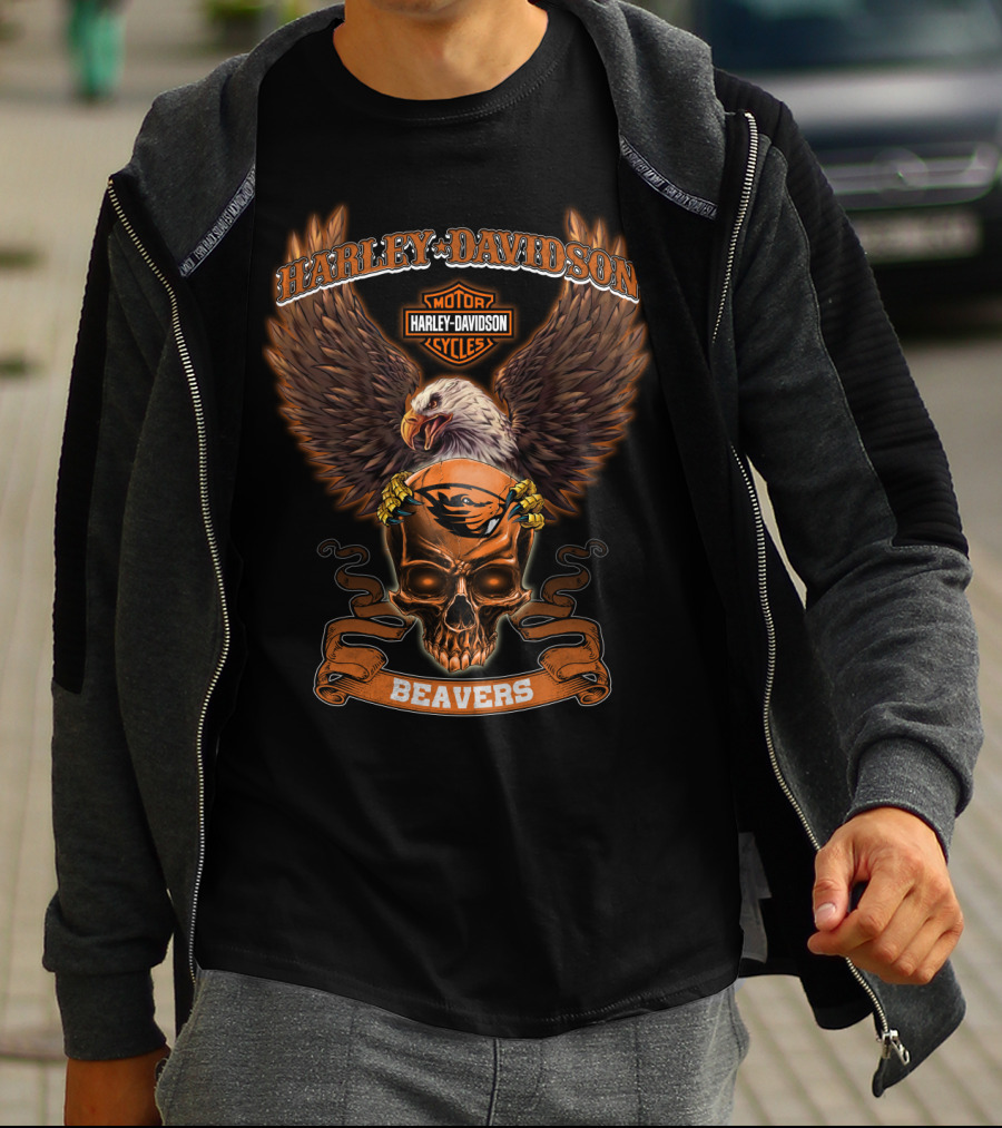 Harley Davidson Eagle Oregon State Beavers Skull T-Shirt