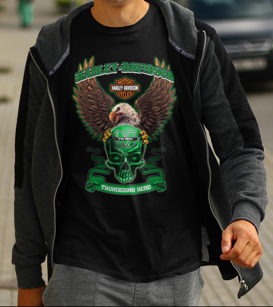 Harley Davidson Motorcycles Marshall Thundering Herd The Herd Eagle Skull T-Shirt