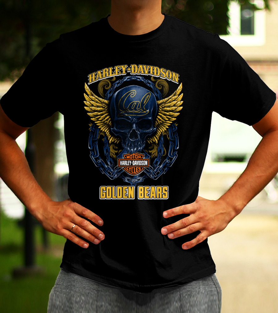 Harley Davidson Cal Golden Bears Skull With Wings And Chains T-Shirt