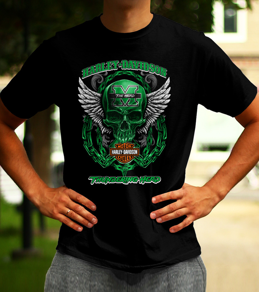 Harley Davidson Marshall Thundering Herd The Herd Skull Wings Motor Cycles T-Shirt