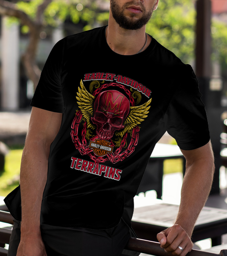 Harley Davidson Motorcycles Maryland Terrapins Skull Wings Chains T-Shirt