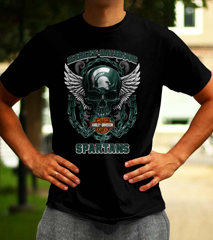 Harley Davidson Michigan State Spartans Skull Wings Motorcycles T-Shirt