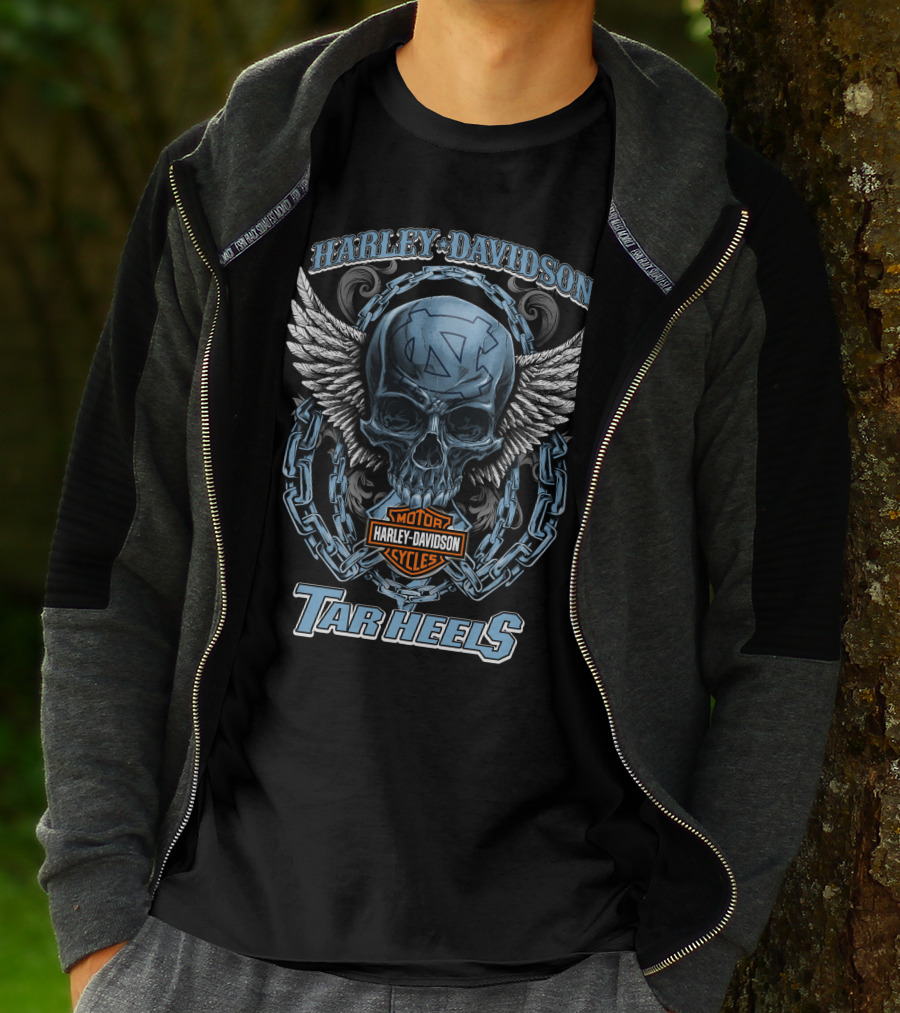 Harley Davidson North Carolina Tar Heels Motor Cycles Skull Wings T-Shirt