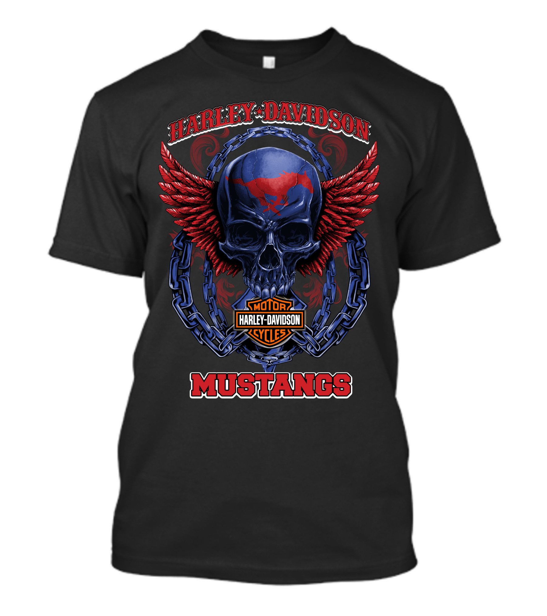 Harley Davidson Motor Cycles Mustangs Skull Wings Chains T-Shirt