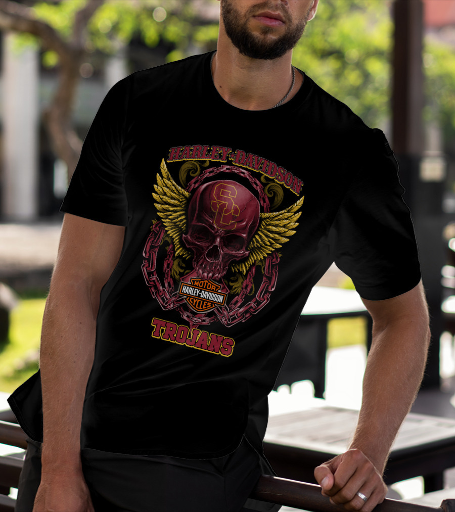 Harley Davidson Usc Trojans Skull Chain Wings T-Shirt