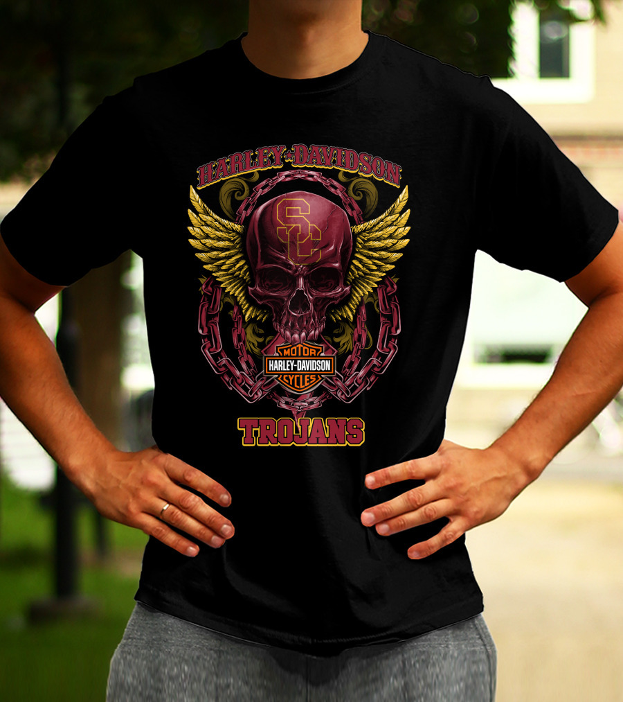 Harley Davidson Usc Trojans Skull Chain Wings T-Shirt