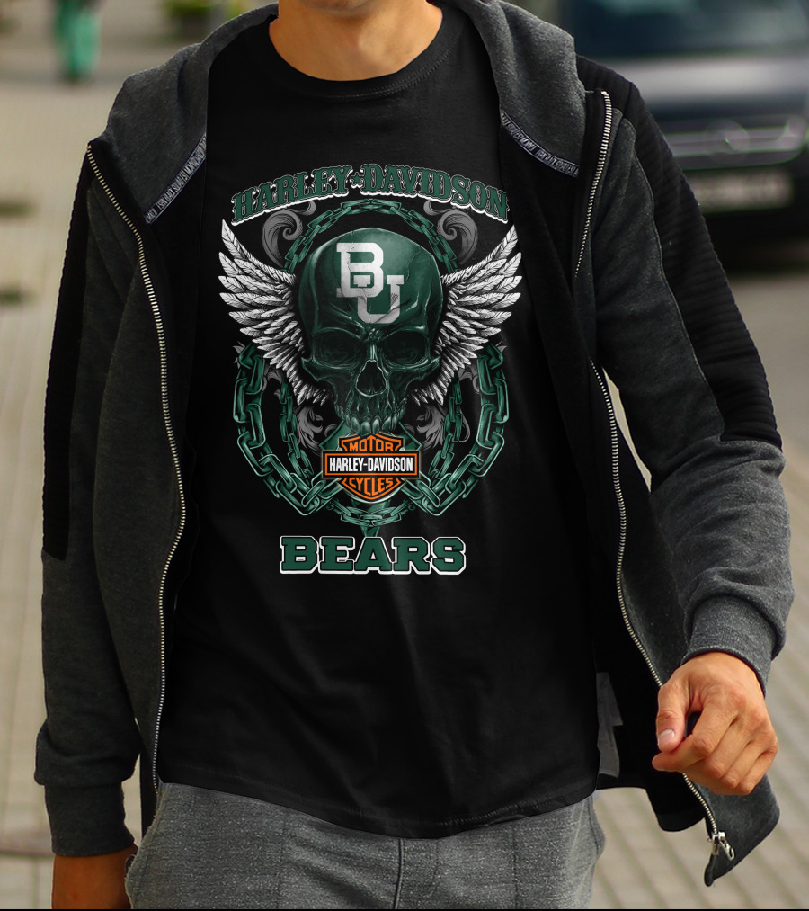 Baylor Bears Harley Davidson Bu Skull Wings Motorcycles T-Shirt