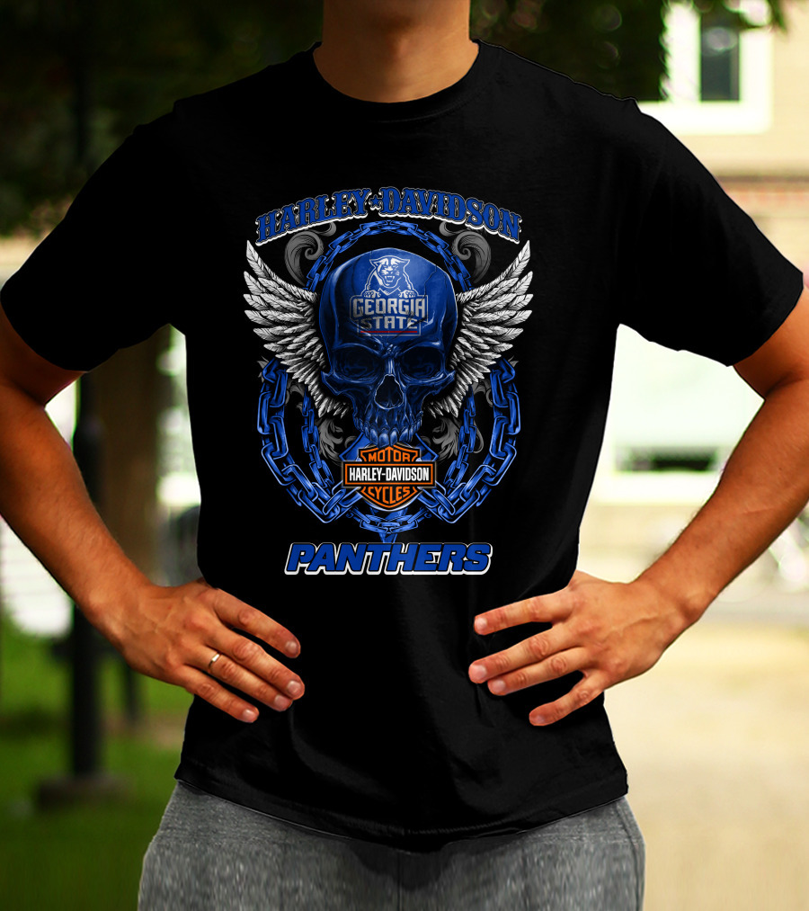Harley Davidson Georgia State Panthers Motorcycles Skull Wings T-Shirt