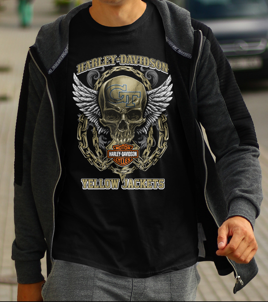 Harley Davidson Georgia Tech Gt Yellow Jackets Skull Wings Chains T-Shirt