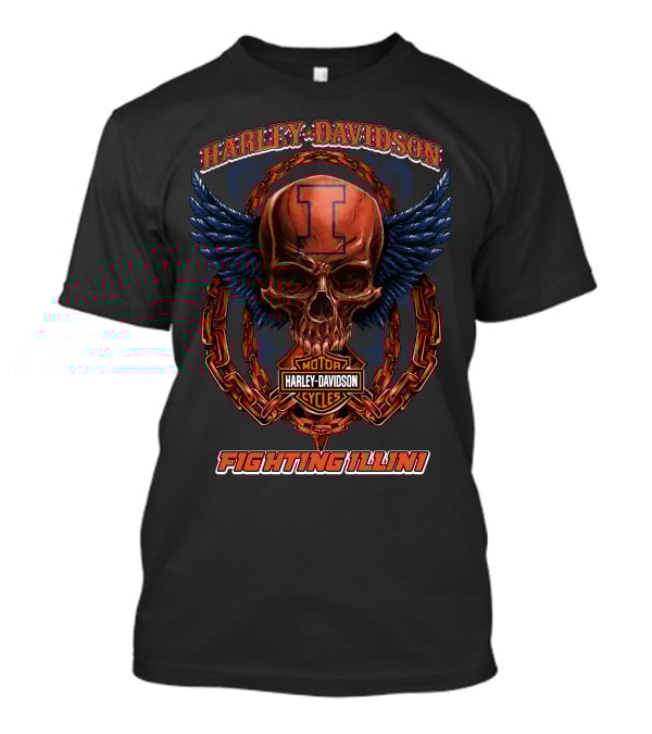 Harley Davidson Motorcycles Illinois Fighting Illini Skull With Wings T-Shirt
