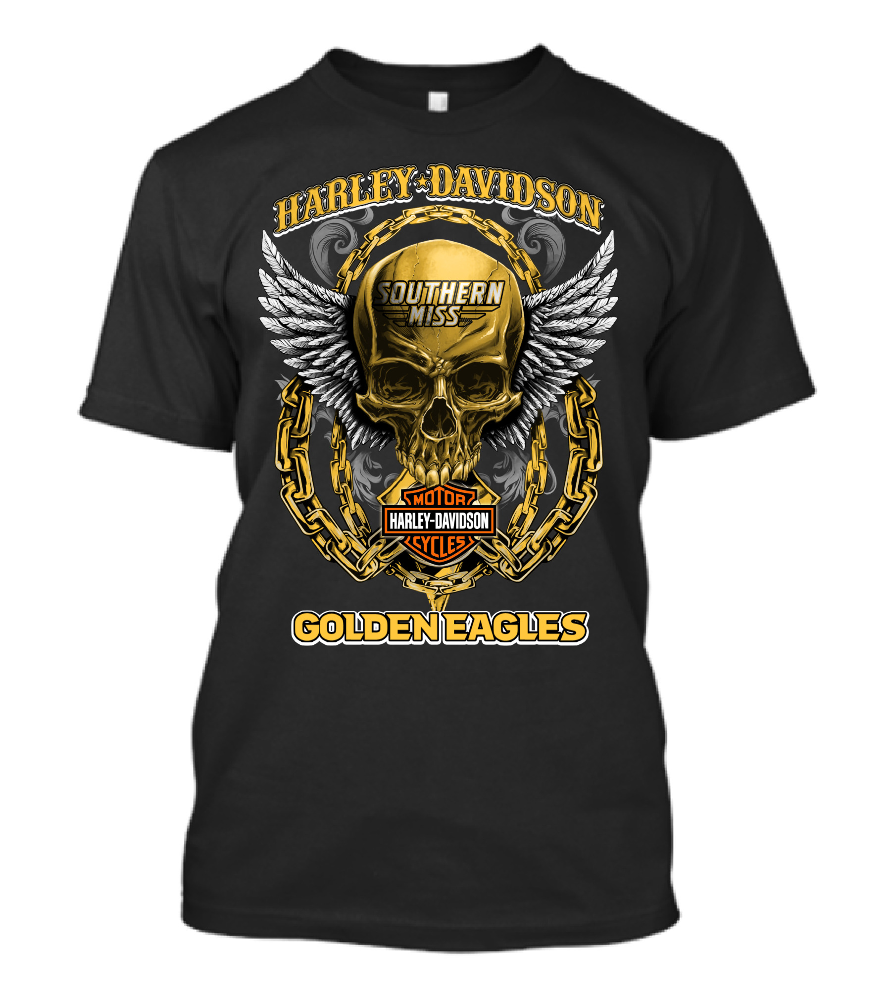 Harley Davidson Southern Miss Golden Eagles Motor Cycles Skull Wings Chains T-Shirt