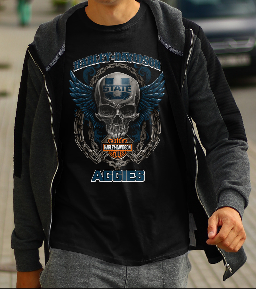 Harley Davidson Utah State Aggies Football Skull With Wings And Chains T-Shirt