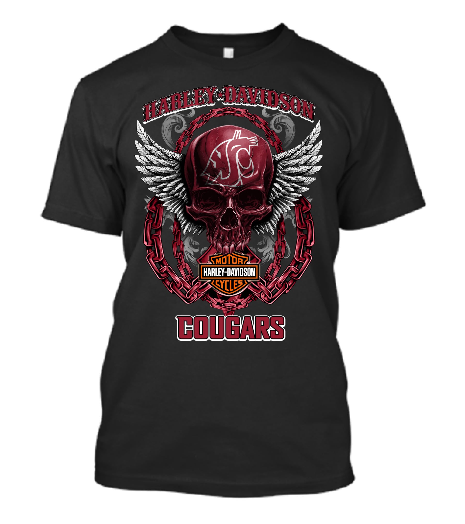 Harley Davidson Cougars Skull Wings Logo Washington State Football T-Shirt
