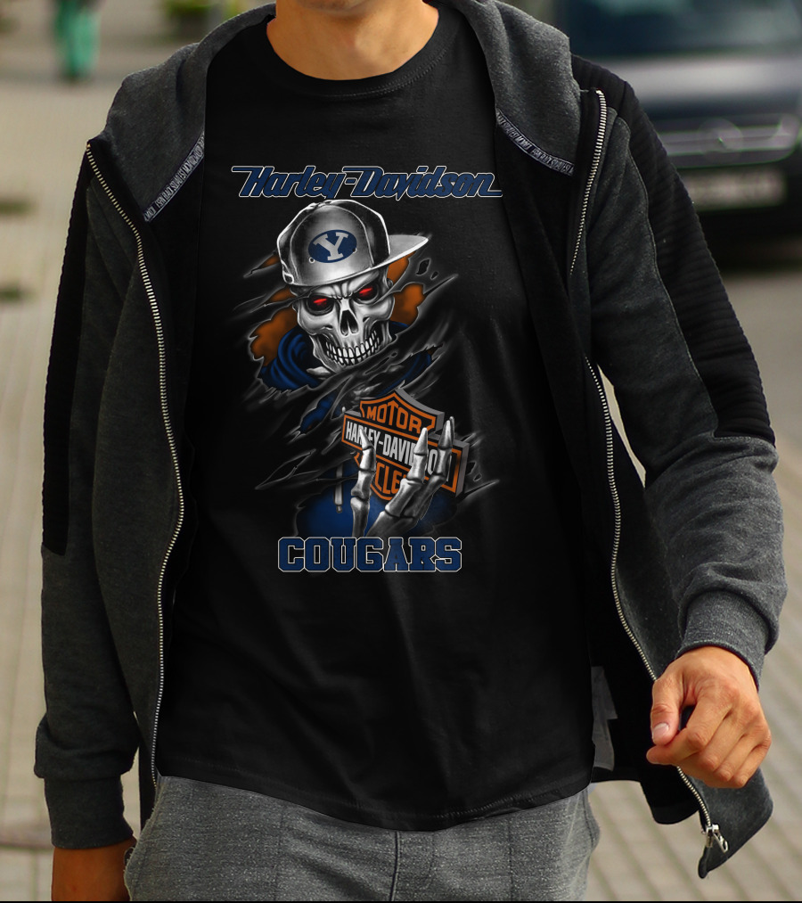 Harley Davidson Byu Cougars Skeleton With Motorcycle Logo And Cap T-Shirt