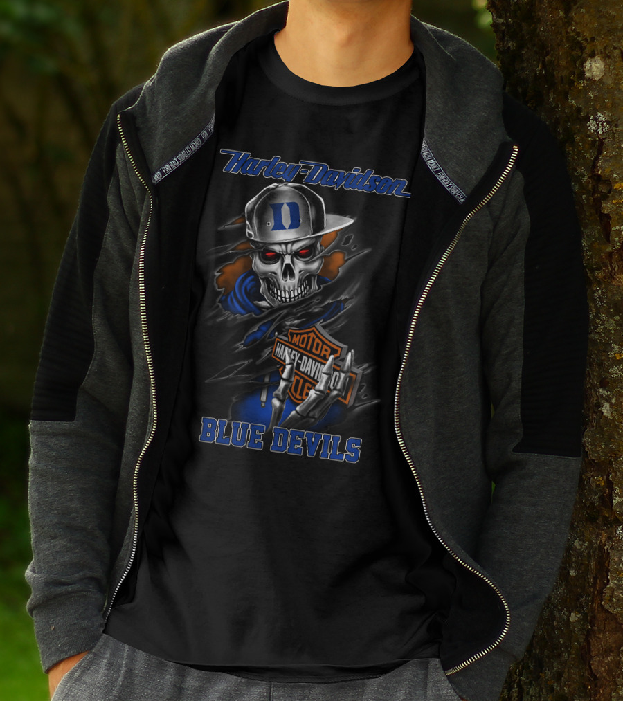 Harley Davidson Blue Devils Skull With Duke Logo And Motorcycle Motif T-Shirt