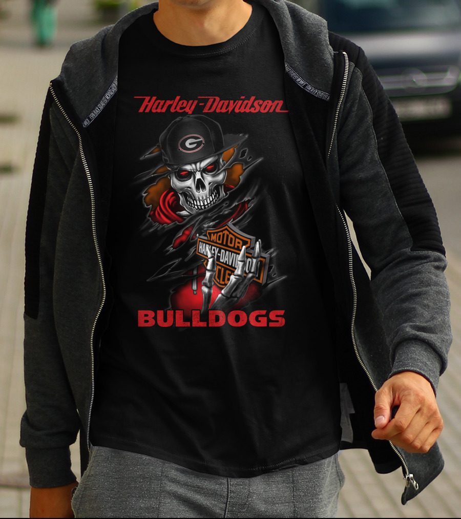 Harley Davidson Georgia Bulldogs Skull With Cap T-Shirt