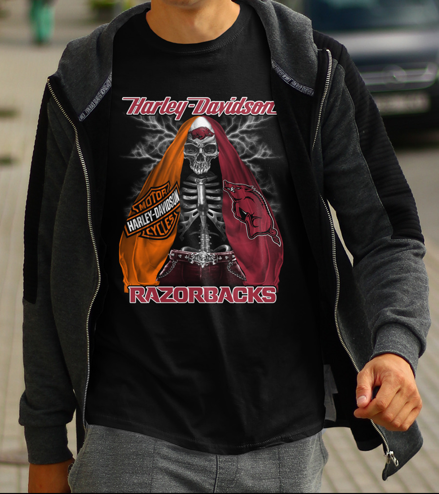 Harley Davidson Razorbacks Motorcycle Skeleton Lightning T-Shirt