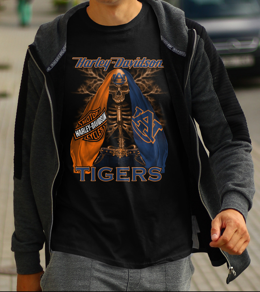 Harley Davidson Auburn Tigers Skeleton Dual Flag T-Shirt