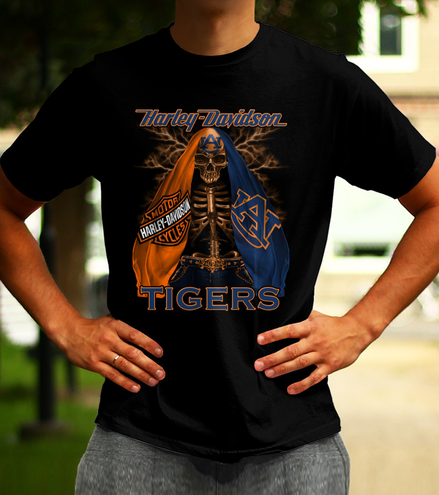 Harley Davidson Auburn Tigers Skeleton Dual Flag T-Shirt