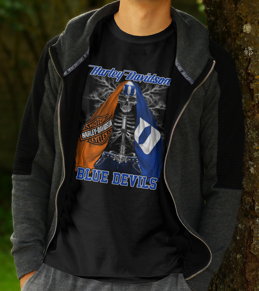 Harley Davidson Blue Devils Skeleton With Motor Cycles And Iconic Scarf T-Shirt