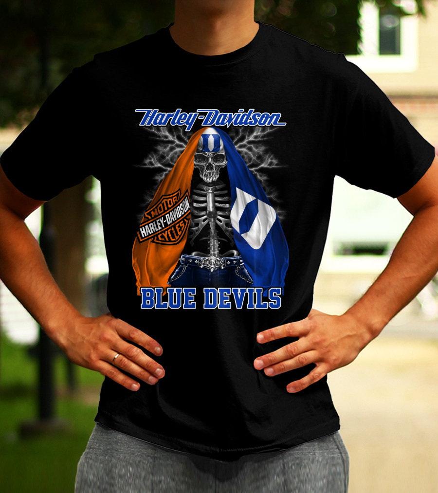 Harley Davidson Blue Devils Skeleton With Motor Cycles And Iconic Scarf T-Shirt