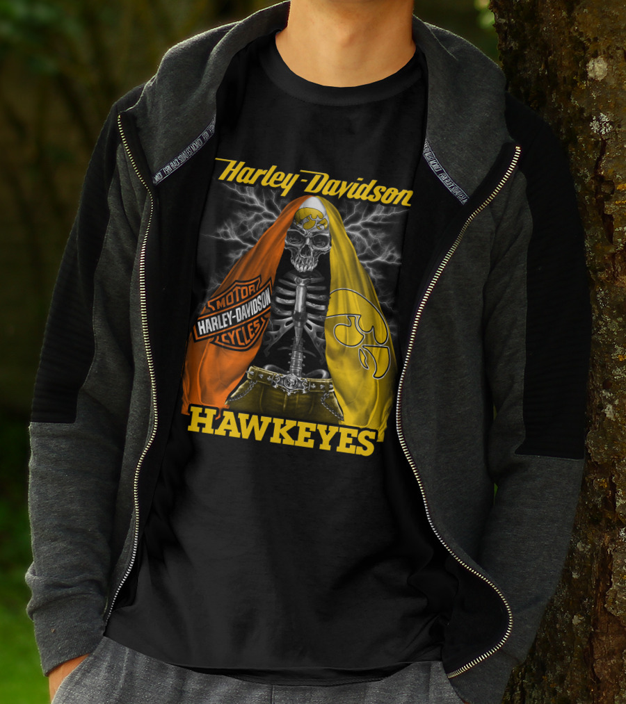 Harley Davidson Iowa Hawkeyes Skull Skeleton With Orange Yellow Flags And Hawkeyes T-Shirt
