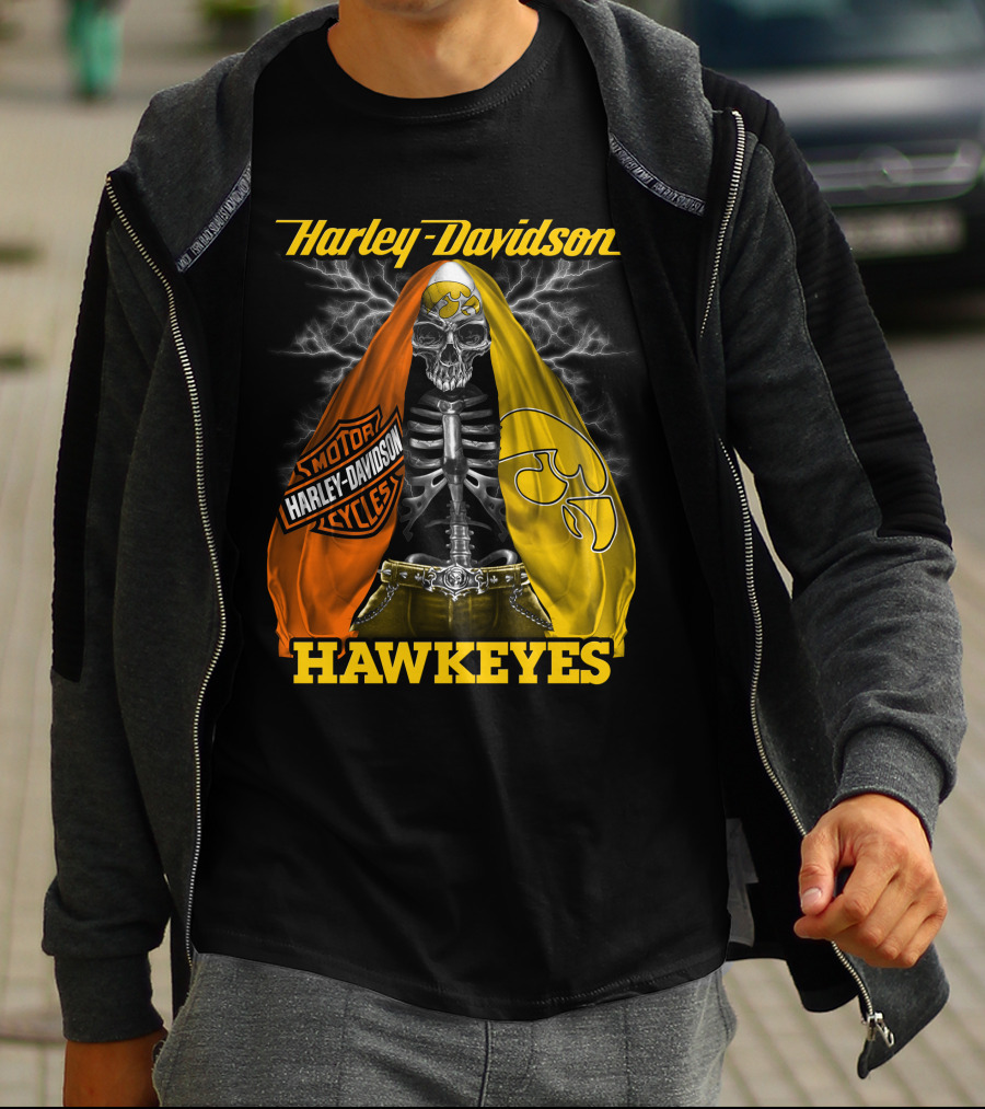 Harley Davidson Iowa Hawkeyes Skull Skeleton With Orange Yellow Flags And Hawkeyes T-Shirt