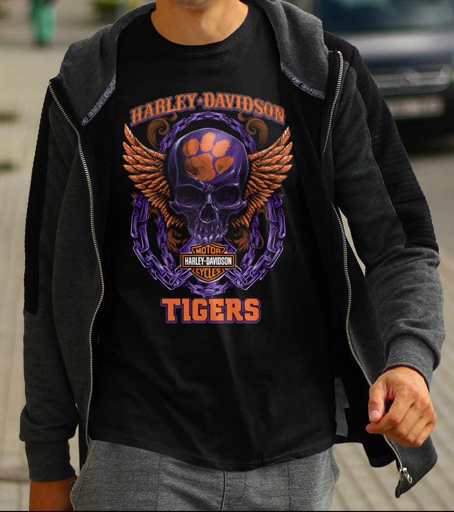 Harley Davidson Motor Cycles Tigers Skull Logo Clemson T-Shirt