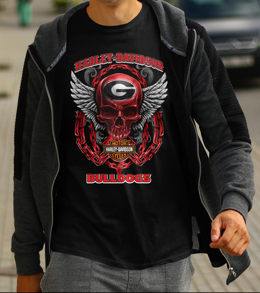 Harley Davidson Georgia Bulldogs Skull With Wings And Chains T-Shirt