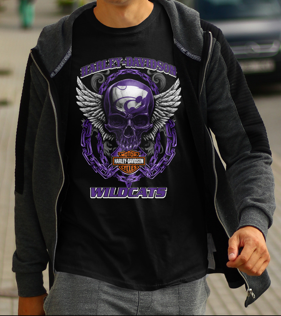 Harley Davidson Wildcats Kansas State Motorcycles Skull Wings T-Shirt