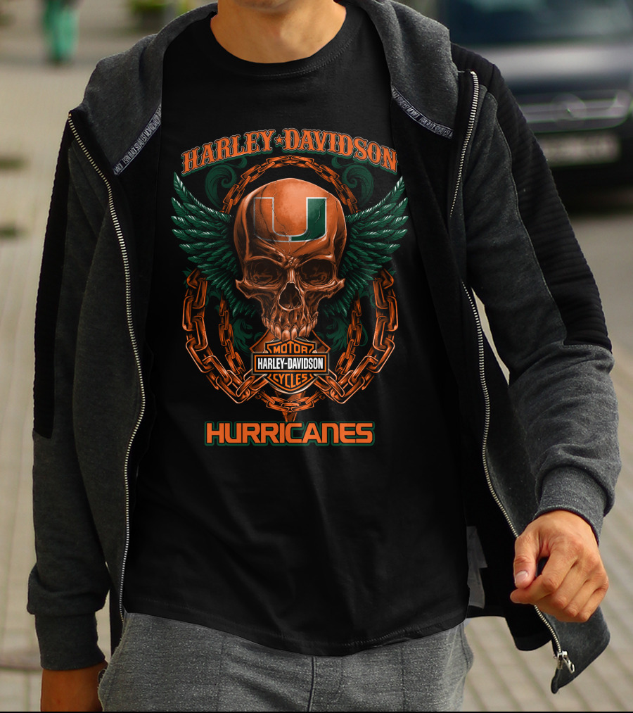 Harley Davidson Miami Hurricanes Skull Wing Motor Cycles T-Shirt