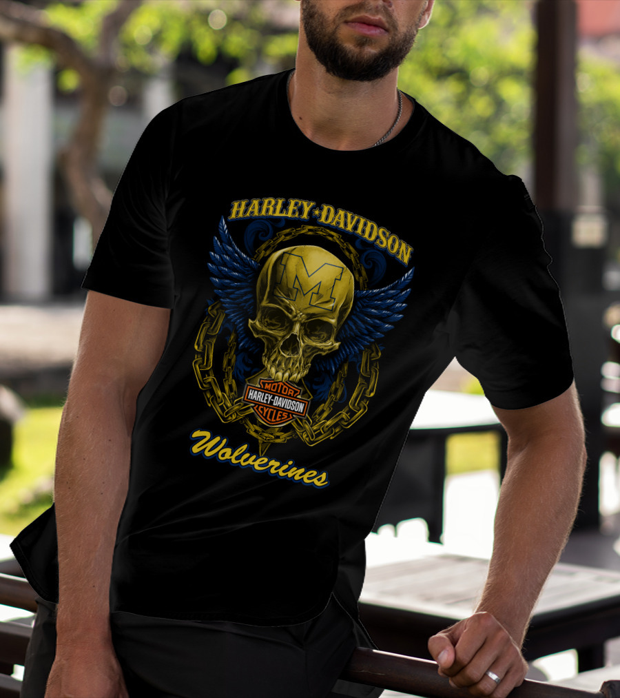 Harley Davidson Michigan Wolverines Skull Logo With Chain And Wings T-Shirt
